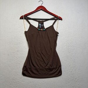 Weavers Tank Top Women‎ Medium Brown Beaded Racerback Y2K Ruched Banded Hem